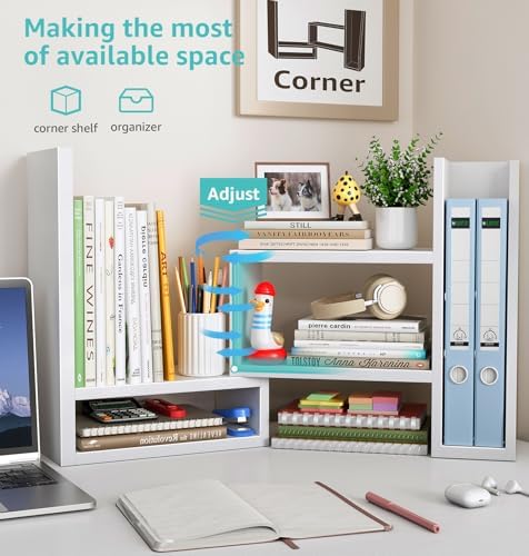 Desktop File Organizer Desk Organizer Shelf - White Office Organization Shelves for Top of Desk Organizers and Accessories Corner Bookshelf Table Top Shelving Small Hutch Decorations for Women Office - Image 4