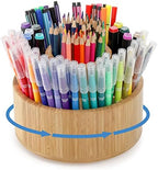 SOUJOY Bamboo Pen Holder Organizer, 360°Rotating Art Supply Organizer with 11 Compartments, Color Pencil Storage Caddy, Hold 200+ Pencils, Office Desk Stand Box for Marker Pens, Pencil, Art Brushes by SOUJOY