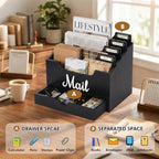 Rustic Wood Mail Organizer Countertop with Drawer, 4-Slot Removable Divider Mail Sorter, Black Desktop Mail Holder, Multi-Functional Bill File Stationary Organizer for Home Office Classroom - Image 5