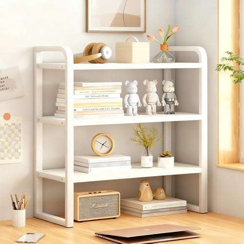 Office Desk Shelf Organizer, Wood Desktop Bookshelf Supplies Storage Rack, Shelf for Top of Desk and Dresser and Cubicle Decor Aesthetic Bookshelf (White White-three Tier, 15.75 Lx7.87 Wx22.05 H) by Janebert