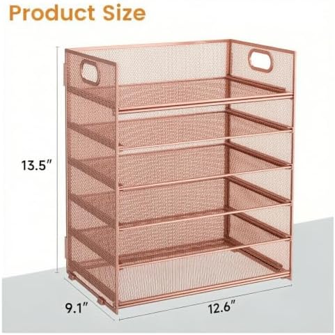 6 Tier Paper Organizer with Handle,Construction Teacher Desk Decor,Rose Gold - Image 6