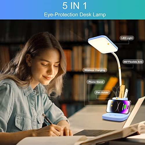 LED Desk Lamp with 10W Wireless Charging & Pen Holder, Blue - Image 3