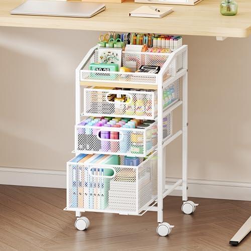 SWTYMIKI Rolling Utility Cart with Drawers - Under Desk Storage Cart with DIY Divider & Lockable Wheels, Multi-Functional Craft Art Supply Organizer for Office, Vanity, Craft Room & Studio White by SwtyMiki-TidyHomeSweetLife