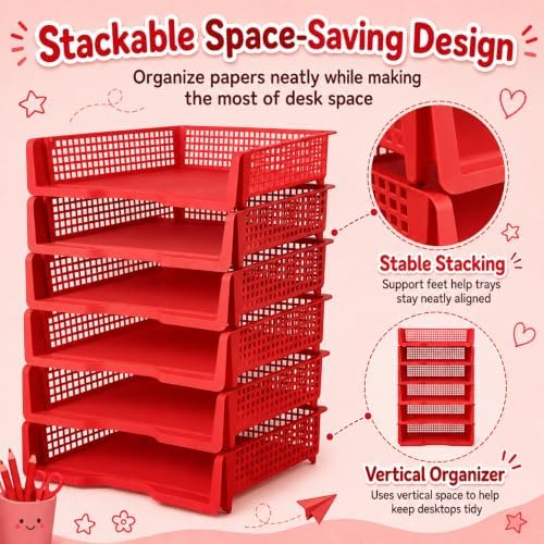 6 Pcs Red Turn in Trays Classroom, Stackable Paper Bins for Classroom, 13x9x2.8 inch Plastic Baskets Desktop Organization System Office (Red) - Image 4
