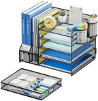 Lavatino Desk Organizer with File Holder, 5-Tier Paper Letter Tray Organizer with Sliding Drawer and 2 Pen Holder, Mesh Desktop File Organizer for Office Supplies (Black) - Image 3