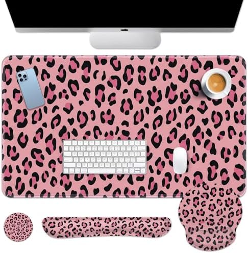 Arttown Keyboard Mouse Pad Set, 4 in 1 Desk Mat Set Leopard Pink by Arttown