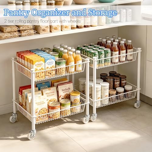 2 Tier Small Utility Cart on Wheels Short Rolling Pantry Cart Thick Metal Wire Basket Stand, Fruit Vegetables Storage Rack for Kitchen, Under Desk Storage for Small Space Bathroom Laundry, White - Image 4