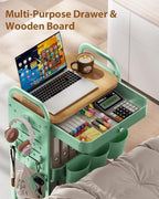 ALVOROG 3 Tier Metal Rolling Cart with Drawer,Wood Top,Pegboards,Green - Image 6