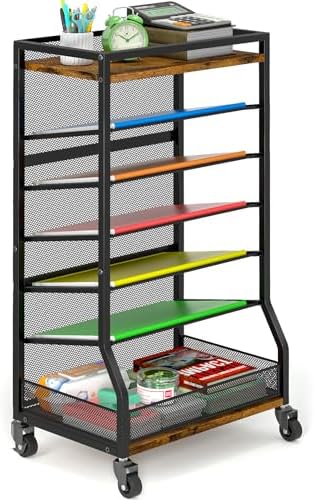 ThreeHio 7 Tier Rolling File Cart with Sliding Trays, Wood Metal File Organizer Beside Desk, Free-Standing File Holder, Paper Letter Tray Organizer Mesh Desk Organizer for Home Office School (Patent) by ThreeHio