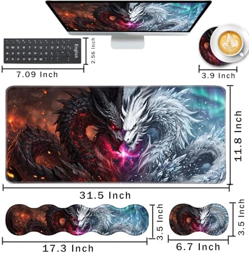 Keyboard Wrist Rest and Mouse Pad with Wrist Support Set Ergonomic Coaster,Memory Foam,Easy Typing Pain Relief,Large XL Desk Mat 31.5"x 11.8",Black and White Dragon - Image 2