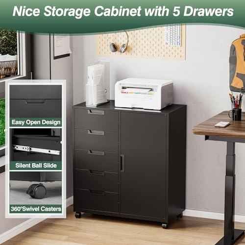 MIIIKO 5 Drawer Storage Cabinet with Door and Shelf, Mobile Lateral Cabinet on Wheels, Office Small Organizer Printer Stand, Black File Cabinets - Image 4