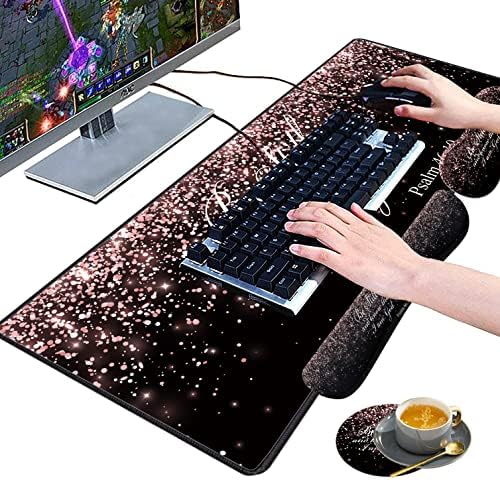 Large Gaming Mouse Pad, Keyboard Wrist Rest pad + Mouse Wrist pad + Coaster Set Extended Waterproof Non-Slip Table mat Suitable for Home Office Learning Games - Rose Gold Glitter Black Psalm46:10 - Image 4