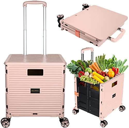 Foldable Utility Cart Portable Collapsible Crate Rolling Carts with Wheels Rolling Tote Basket Teacher Cart with Lid Wear-Resistant 360°Rotate Wheel Noiseless for Shopping Storage Office Use by SELORSS