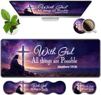 Ergonomic Memory Foam Mouse Pad Wrist Rest Set,Large Gaming Desk Pad + Keyboard Wrist Rest + Mouse Wrist Cushion + Coaster for Home Office Study Gaming,Christian Cross Quote Bible Verse Matthew 19:26 by Unknown