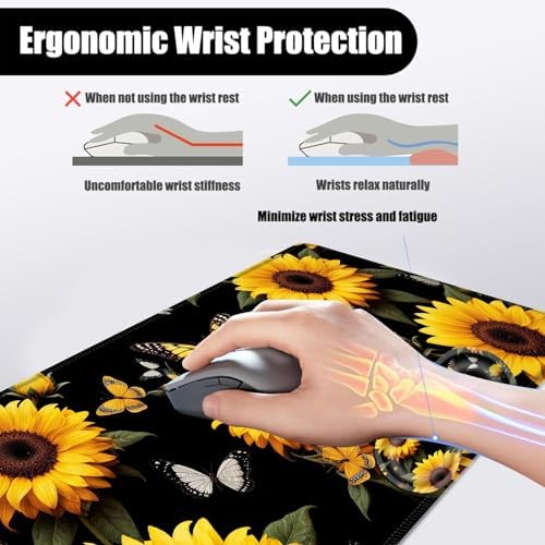 Mouse Pad,Large Desk Mat Set, 4in1 XL Mousepad + Keyboard Wrist Rest+Mouse Wrist Rest+Coaster with Ergonomic Desk Pad for Home Office Table Computer Cover -Sunflower Butterfly - Image 5
