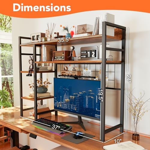 COCO DESIGN 4-Tier Desk Shelf, 38.6" Desktop Organizer Shelf with Grid Panel, Desk Hutch for Computer Monitor, Desktop Bookshelf Storage Rack for Home Office Wood Table Organizer Counter Shelf - Image 5