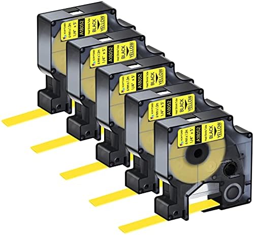 5 Pack Compatible for Dymo Rhino 18052 Black on Yellow 1/4" x 4.9' Industrial Heat Shrink Tube Labels for Rhino 1000 3000 4200 5000 5200 6000 3M Label Maker by KCMYTONER