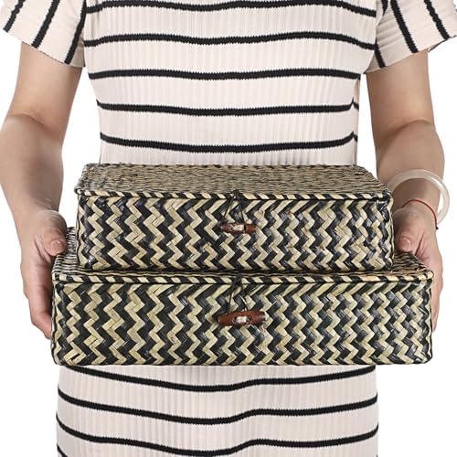 Hipiwe 2Pcs Flat Wicker Woven Basket with Lid Natural Seagrass Storage Box - Image 7