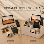 Pen Holder for Desk, 4-Compartment PU Leather Desk Organizer, Beige - Image 2
