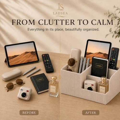 Pen Holder for Desk, 4-Compartment PU Leather Desk Organizer, Beige - Image 2
