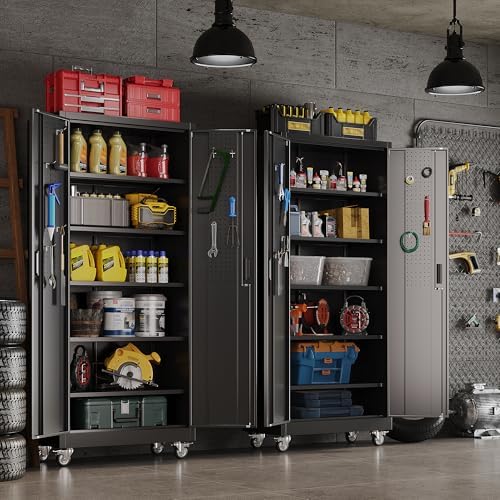 SUXXAN 71" Metal Garage Storage Cabinet with Wheels,Pegboard,Lock,5 Shelves - Image 2