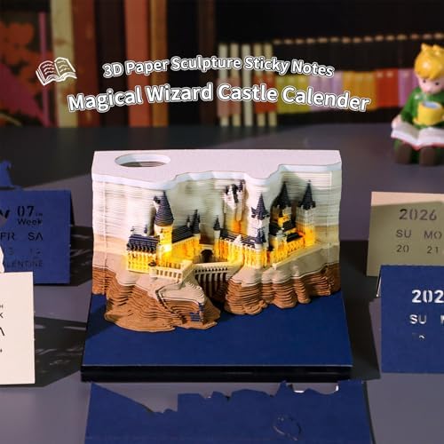 3D Calendar 2027, Desk Time Piece Calendar 2027,Tear-Away 3D Paper Art Notepad w LED Lights,Creative 3D Memo Artsy Pad Calendars, DIY Paper Carving Gift (Castle-classic Style) - Image 2