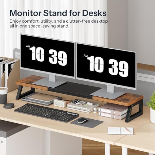 HOOBRO Dual Monitor Stand Riser, 39 Inch Large Computer Monitor Stand for 2 Monitors, Computer Monitor Riser, Desk Shelf Organizer for Office Desk, Accessories, Rustic Brown and Black BF121CJ01 - Image 3