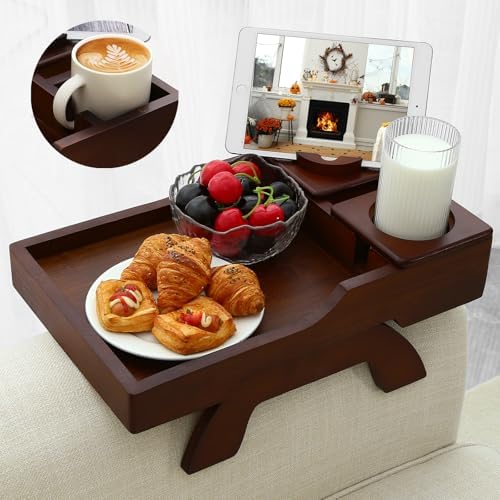 GHKINMAL Couch Cup Holder Tray, 15.4"x9.9" Large 4 in 1 Couch Armrest Table with 360°Rotated Phone Holder, Non-Slip Clip on Side Table for Drinks/Remote/Snacks, Ideal Gift for Husband, Wife, Parents by GHKINMAL