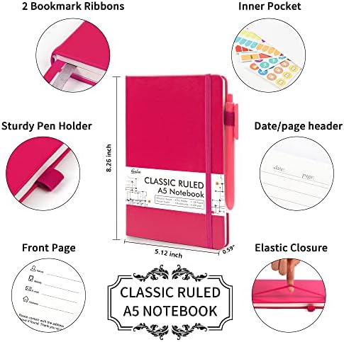 feela 5 Pack Notebooks Journals Bulk, Hardcover Notebook Classic Ruled Lined Journals with Pen Holder for Women Girls School Business Supplies, with 5 Black Pens, 120 GSM, 5.1”x8.3”, A5, Berry - Image 2