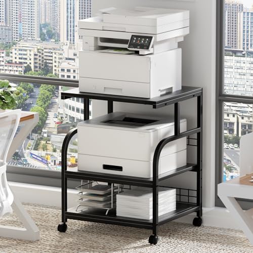 Lerliuo 3 Tier Black Large Printer Stand with Adjustable Storage Shelf by Lerliuo