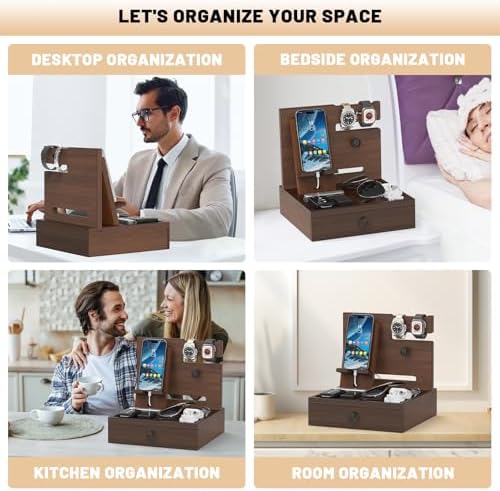 Wood Phone Docking Station, Nightstand Organizer with Drawer - Image 6