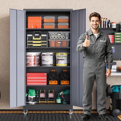 MIIIKO 75" Tall Metal Garage Storage Cabinet with Wheels,Steel Storage Cabinets with Lock,Heavy Duty Tool Cabinets with 2 Doors and 4 Shelves for Garage,Home Office,Shop,Warehouse（Black Gray） - Image 2