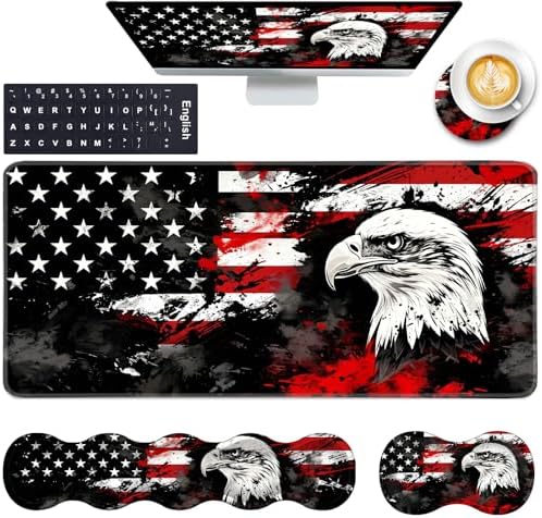 Keyboard Wrist Rest and Mouse Pad with Wrist Support Set Ergonomic Coaster,Memory Foam,Easy Typing Pain Relief,Large XL Desk Mat 31.5"x 11.8",Bald Eagle American Flag by CICPLKSE