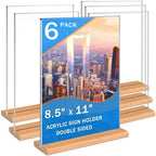 Kersally Acrylic Sign Holder 8.5 x 11, 6 Pack Double-Sided Clear Table Display Stands with Wood Base,Vertical Acrylic Frame Menu Flyer Paper Holder for Stores, Restaurants, Hotels, Office, Show Fair by Kersally