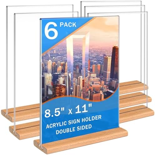 Kersally Acrylic Sign Holder 8.5 x 11, 6 Pack Double-Sided Clear Table Display Stands with Wood Base,Vertical Acrylic Frame Menu Flyer Paper Holder for Stores, Restaurants, Hotels, Office, Show Fair by Kersally