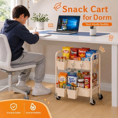 2 Tier Small Rolling Cart Metal with Wheels, 22 Inch Beige Under Desk Carts - Image 4