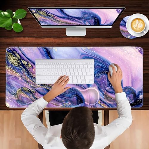 Keyboard Wrist Rest and Mouse Pad with Wrist Support Set Ergonomic Coaster,Memory Foam,Easy Typing Pain Relief,Large XL Desk Mat 31.5"x 11.8",Purple Marble - Image 4