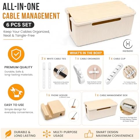 Cable Management Box, Cord Organizer, Pine Wood Lid, Cream White - Image 4
