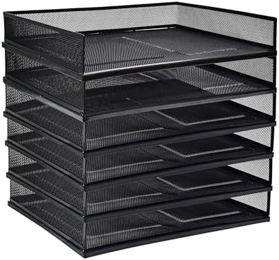 A3 Metal Letter Tray, 2pcs/4pcs/6pcs, Stackable Paper Tray, Metal Mesh Desktop Organizer, File Document Storage Rack for Home, Office, School, Black/White, Horizontal/Vertical (6, Horizontal,Black) by Unknown