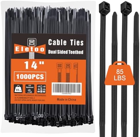 14 inch Black Zip Ties Heavy Duty 1000 Pack Cable Ties 85 LBS by Eletoo