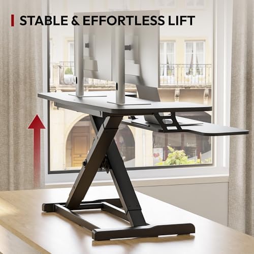 SANODESK 42" Extra Large Standing Desk Converter, Height Adjustable Sit Stand Riser with Wide Keyboard Tray, Dual Monitor Workstation for Home Office, Ergonomic Desktop Riser, Black - Image 6