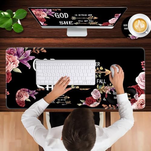 Keyboard Wrist Rest and Mouse Pad with Wrist Support Set Ergonomic Coaster,Memory Foam,Easy Typing Pain Relief,Large XL Desk Mat 31.5"x 11.8",Flower Bible Verse Psalm 46-5 - Image 4