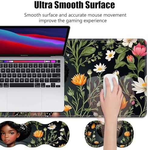 4 in 1 Ergonomic Memory Foam Mouse Pad Wrist Rest Set, Large XXL Gaming Desk Pad + Keyboard Wrist Rest + Mouse Wrist Cushion + Coaster for Home Office Study Gaming, African American Black Girl - Image 3