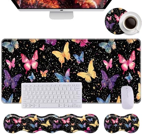 Keyboard Wrist Rest+Mouse Wrist Pad+Desk Pad Set,Memory Foam Ergonomic Easy Typing Pain Relief for Computer Laptop Office Home - Butterfly by DSRGRGFDJ