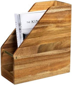 MyGift Premium Hotel Series Solid Acacia Wood Desktop Magazine File Holder Bin with Brass Tone Metal Accent, Vertical Office Desk Document Folder Binder Storage Organizer Rack - Image 2