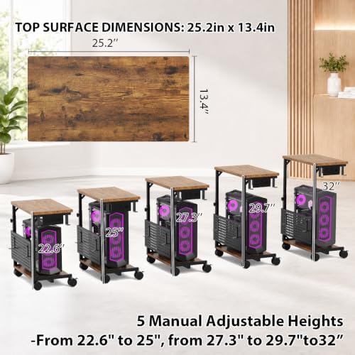 Adjustable Computer Tower Stand with Charging Station & Pegboard,Brown - Image 4