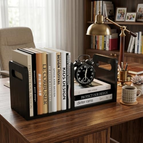 100% Solid Wood Adjustable Desktop Bookshelf with Movable Divider, Retro Tabletop Bookshelf with Convenient Handle Design for Living Room, Home, Office, Perfect for Magazine Book (Black) - Image 5