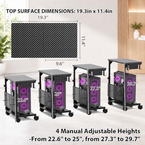 Adjustable PC Tower Stand with Charging Station & Pegboard,Carbon Fiber - Image 4