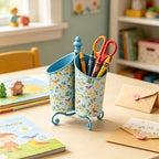 360° Rotating Metal Pen Holder for Desk, Cute Floral Bird Desktop Organizer with Dome Roof, Pencil Cup & Remote Control Holder for Home Office (Blue) - Image 3