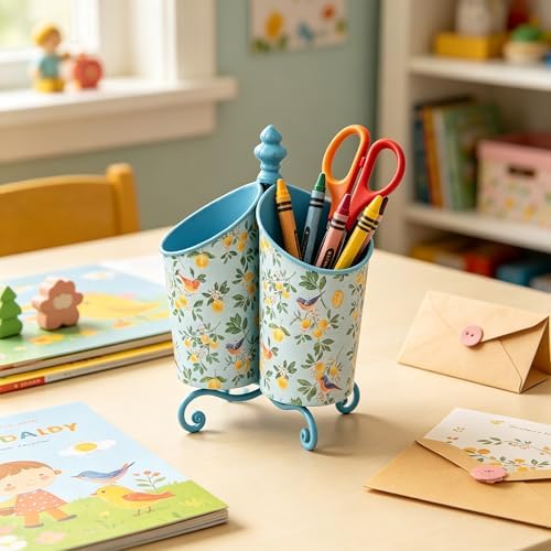 360° Rotating Metal Pen Holder for Desk, Cute Floral Bird Desktop Organizer with Dome Roof, Pencil Cup & Remote Control Holder for Home Office (Blue) - Image 3